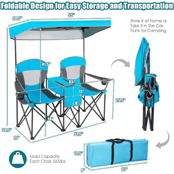 safstar-double-folding-beach-camping-chair-with-canopy-shade-&-mini-table-beverage-cup-holder-2